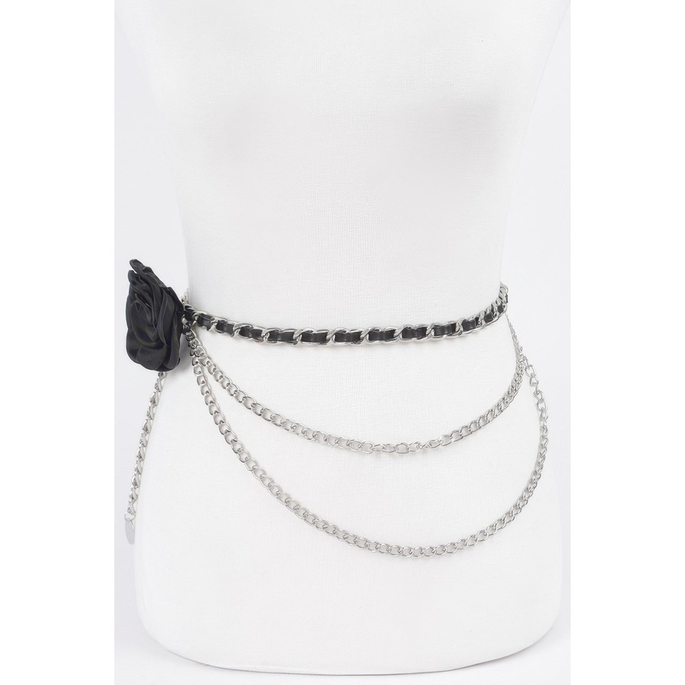 Womens Black Rose Chain‎ Belt Silver Multi Layered Waist Chain Fashion Accessory